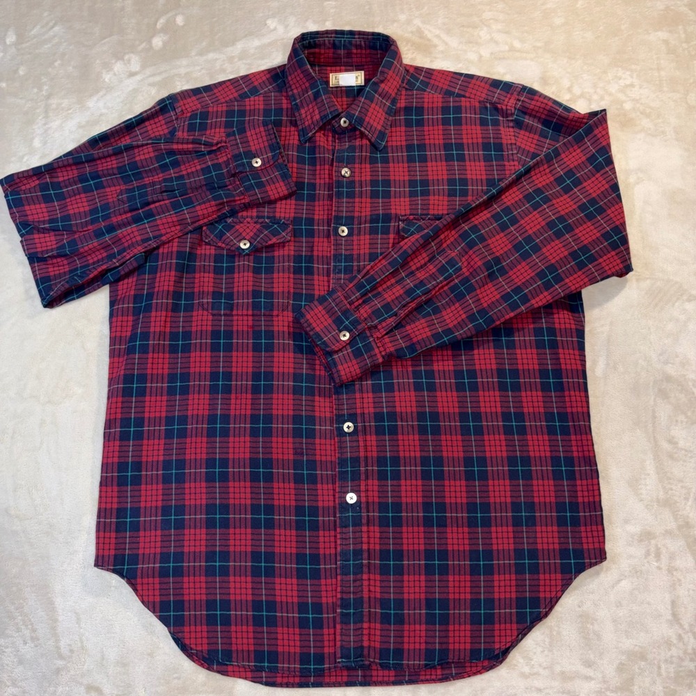 Vintage LL Bean Flannel Shirt Mens Large Red Blue Plaid Made in USA Button Down